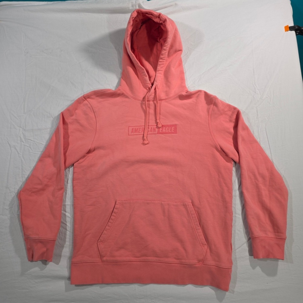 American Eagle Logo Pullover Hoodie Medium Tall Coral Pink Cotton Blend Casual